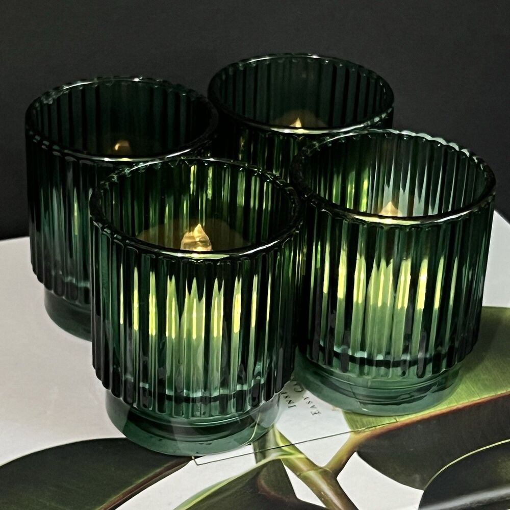 Ribbed Green Glass Votive Candle Holder Set of 4 Round Holiday Decor